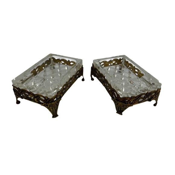 2 Vintage Glass Crystal And Gold Toned Metal Ashtrays Hollywood Regency Style - Picture 1 of 9
